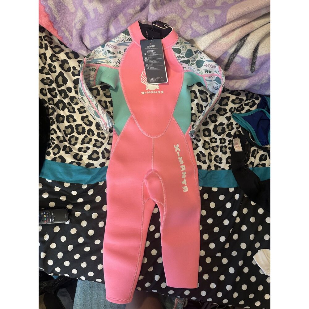 Dive & Sail Kids Wetsuit Youth Small Pink Green White 2.5mm Neoprene Back Zip